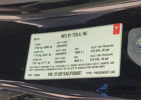 2018 Tesla Model 3 Long Range/Mid Range from USA, damaged, VIN 5YJ3E1EA2JF036507